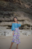 Back view of the Ana Swim Skirt in floral print, highlighting the modest length and chic design for a complete swimwear look.