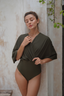 Ella Modest Bathing Suit – One-Piece Swimsuit with Adjustable Real Wrap Swim Skirt in Military