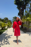 Emma red modest swim dress with long sleeves, ideal Muslim swimwear and Tznius swimsuit option for full coverage.