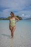 UV-protective modest swimsuit in honeydew and melon – one-piece with feminine fit designed for Muslim and modest women.