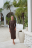 Adaya padded dark brown swimsuit with a flowy wrap skirt for modest beachwear