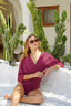 Full coverage wine Ella swim set paired with real wrap skirt, elegant modest swimwear for women