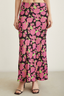 Close-up front view of the modest Satin Flared Skirt in Pink Floral print.