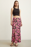 Full-length front view of the modest Satin Flared Skirt in Pink Floral print.