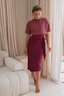 Modest swimwear set for Muslim women with adjustable one-piece and Wine faux wrap skirt