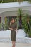 Full coverage military green Mona swim set paired with Ana wrap skirt, elegant modest swimwear for women