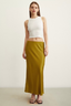 Full-length front view of the Satin Flared Skirt in Olive.