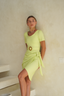 Yellow Levana modest swimsuit with short sleeves and wrap skirt – perfect for sun protection, Christian modest swimwear, Jewish tznius needs, and Muslim-friendly beachwear.