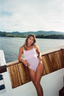 NAYA one-piece modest swimsuit in pale purple and ferritin – bicolor design with matte and shiny textures, perfect for elegant full coverage.